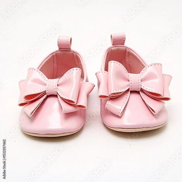 Fototapeta elegant pink baby shoes with adorable bows and a glossy finish, designed for comfort and style.  