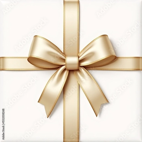 Fototapeta elegant cream-colored gift box adorned with a shiny golden bow, perfect for special occasions.  