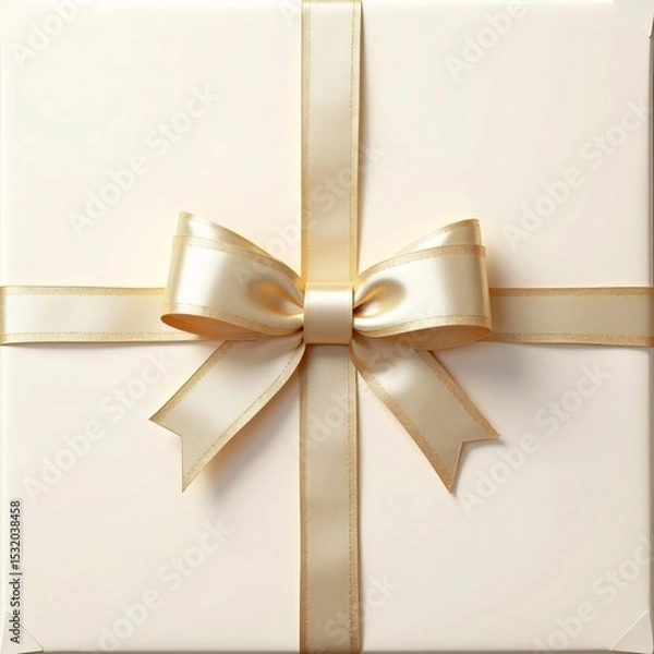 Fototapeta elegant cream-colored gift box adorned with a shiny golden bow, perfect for special occasions.  