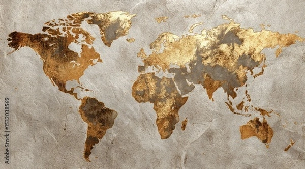 Fototapeta A gold-toned world map is depicted on a textured, grey background, giving a vintage, antique appearance