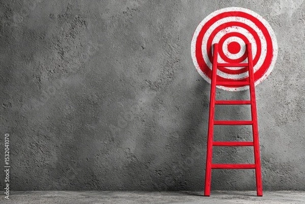 Fototapeta A red ladder leans against a large red and white target painted on a textured grey wall.  The scene evokes ambition and achieving goals