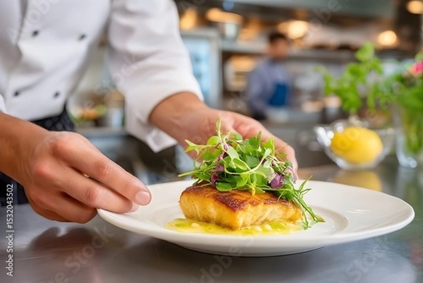 Fototapeta Chefs hands delicately placing seared sea bass with fresh greens in a bustling kitchen