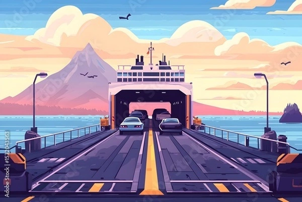 Fototapeta Ferry transporting cars across serene waters near a mountainous landscape