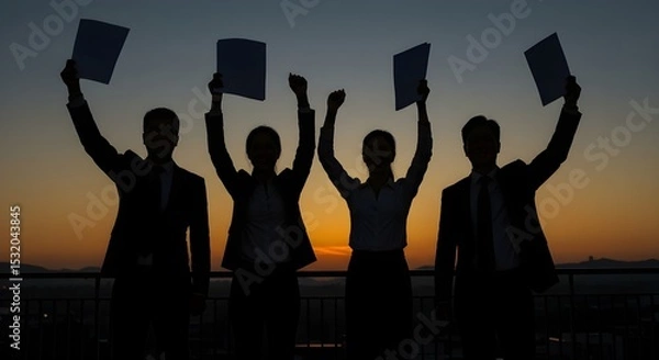 Obraz Silhouetted businesspeople celebrate success at sunset raising documents high A powerful image of teamwork achievement and collaboration