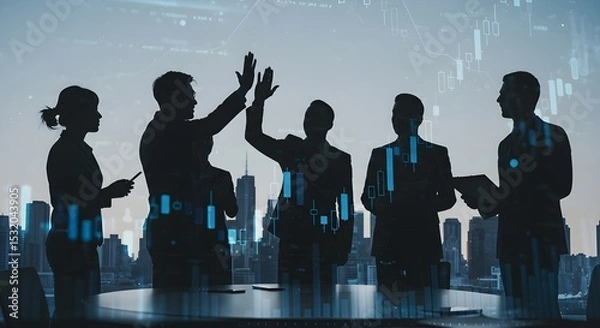 Obraz Silhouetted businesspeople celebrating success against a city backdrop.  Teamwork, achievement, and collaboration concepts.