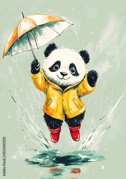 Fototapeta Playful panda in yellow raincoat and red boots enjoying a rainy day