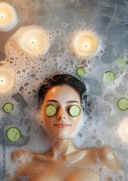 Fototapeta Woman relaxing in bathtub with cucumber slices and candles surrounding her