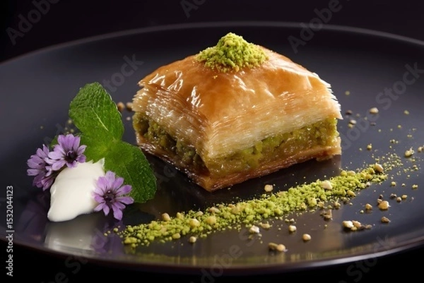 Fototapeta Delicious baklava dessert with pistachio and mint on a dark plate