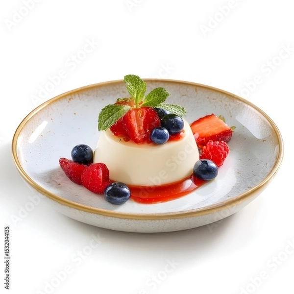 Fototapeta Creamy panna cotta with fresh berries and mint on a white plate