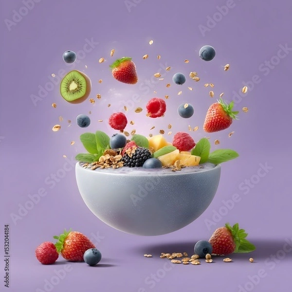Fototapeta Vibrant breakfast bowl with fresh fruits and granola floating in a colorful setting