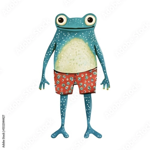 Fototapeta A cheerful anthropomorphized frog enjoying a sunny day at the beach in playful swim shorts