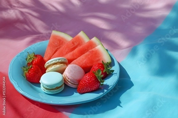 Fototapeta Savoring summer treats: sliced watermelon, strawberries, and colorful macarons on a picnic!