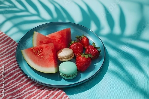 Fototapeta Refreshing watermelon, strawberries, and macarons on a sunny picnic setting