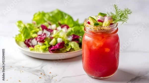 Fototapeta Vibrant Caesar brunch cocktail served in a glass jar beside fresh salad on a marble countertop