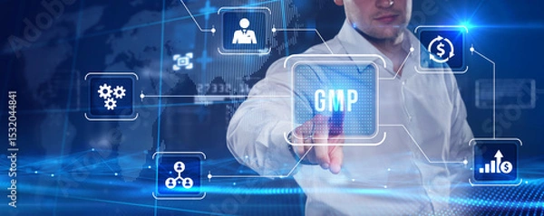 Obraz Good manufacturing practice certification quality control on virtual screen. GMP.