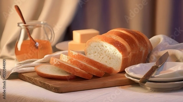 Fototapeta Freshly sliced bread on a wooden board with honey and butter ready for breakfast or snack time