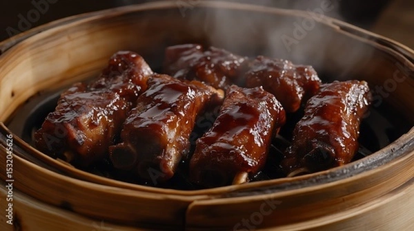 Fototapeta Steaming Ribs with Glaze in Bamboo Steamer Ready to Eat