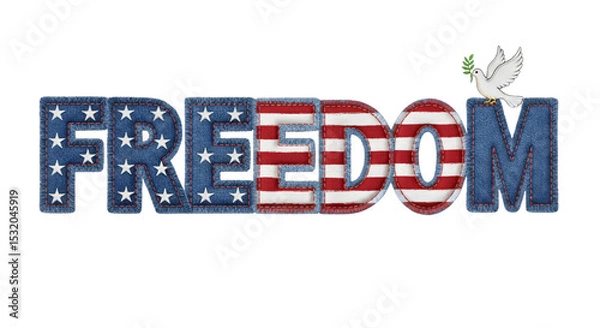 Fototapeta Patriotic 'FREEDOM' text with US flag elements and a dove of peace, perfect for Fourth of July, Memorial Day, Veterans Day, or human rights themes. Isolated on white & transparent background.