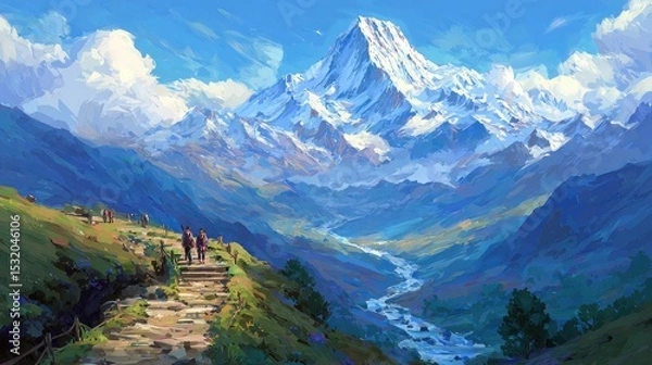 Fototapeta Colorful Pixel Art Snowy Mountain Valley With Hikers