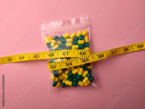 Fototapeta Top view of a medicine pill package with measuring tape on a pink background