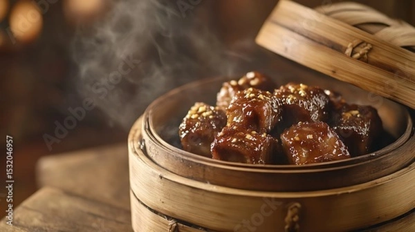Fototapeta Steaming Meat Cubes in Bamboo Steamer with Garnish