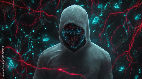 Obraz Hacker are planning to hack and attack networks and cyber security systems and stands on the peak of success amid tall, innovative Smart city and graphs with statistics to analyze business potential