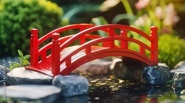 Fototapeta Red Garden Bridge Crossing Small Pond in Greenery