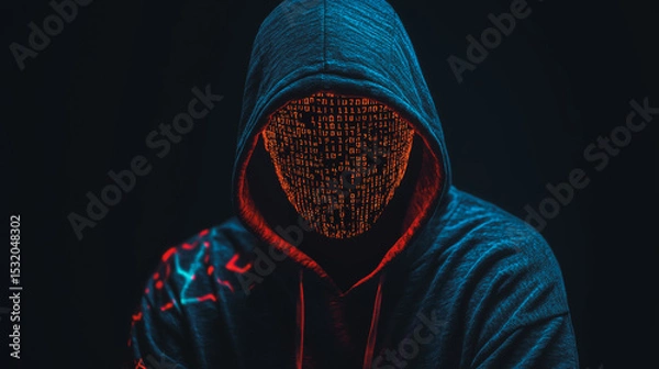 Obraz Hacker are planning to hack and attack networks and cyber security systems and stands on the peak of success amid tall, innovative Smart city and graphs with statistics to analyze business potential