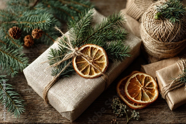 Obraz Rustic gift box wrapped in burlap decorated with jute twine, dried orange slice and pine twig on wooden background. Handmade eco friendly and sustainable package for Christmas holidays