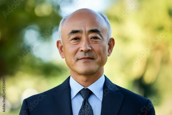 Obraz Confident mature Asian man in dark suit and tie standing outdoors and looking at camera. Professional business portrait