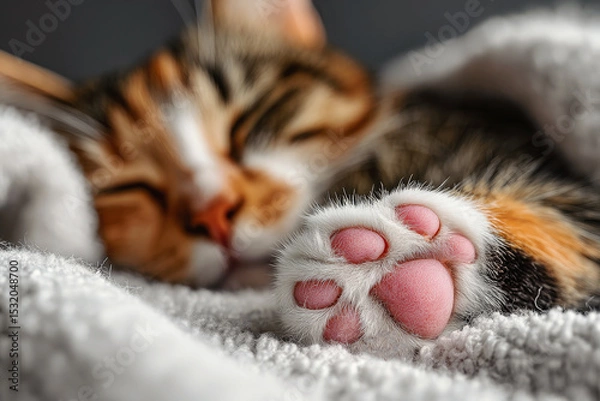 Obraz Tabby cat sleeping on white blanket. Close up of paws and nose of resting kitten