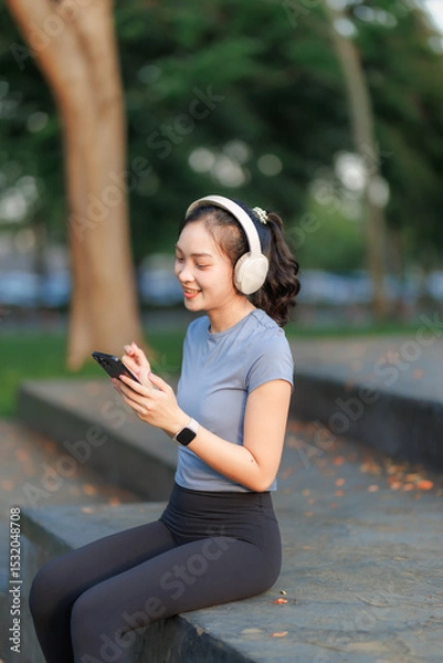 Fototapeta A young woman takes a break after exercising, relaxing with a cheerful smile. She wears headphones, listens to music, and chats with her friend on the phone, enjoying the peaceful moment.