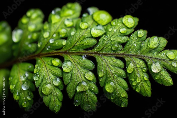 Obraz Green fern leaf with transparent water droplets against black background. Macro shot of plant with dew drops