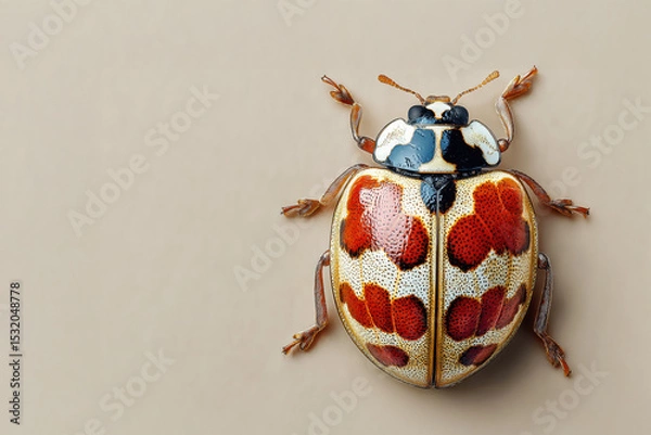 Obraz Ladybug with red wings and black spots on neutral surface, top view. Macro shot of coccinellidae insect