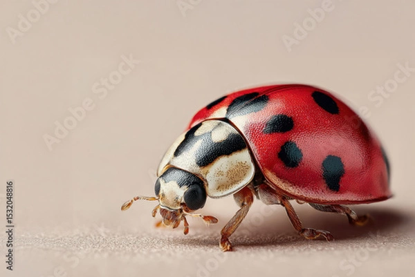 Obraz Ladybug with red wings and black spots on neutral surface. Macro shot of coccinellidae insect