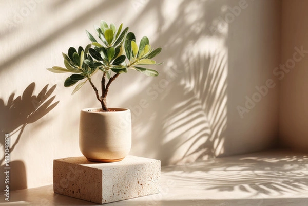 Obraz Green plant in ceramic pot on stone pedestal with light and leaf shadows on beige wall. Minimalist interior composition with natural light, home decor and indoor greenery