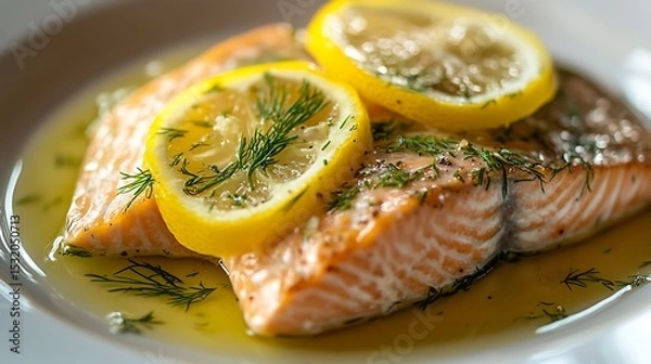 Fototapeta Serving of Baked Salmon with Lemon and Dill Garnish