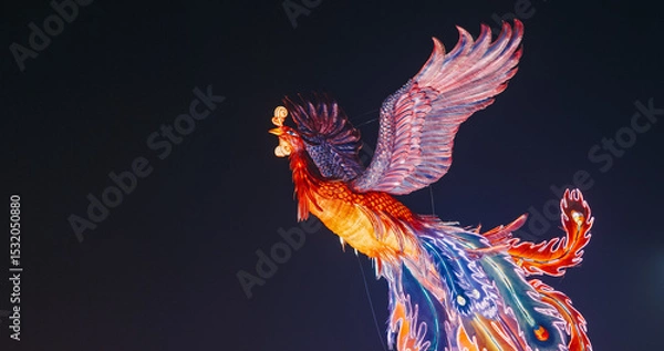 Fototapeta Beijing, China. Zigong Lantern Festival In Beijing. Amazing Lighting Composition Phoenix Dance From Ninth Heaven. Chinese Phoenix Fenghuang Are Mythological Birds. Symbol Of Virtue And Grace