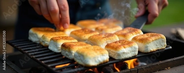 Obraz Grilled marshmallows, close-up; hands gently turning them , roasting, food photography
