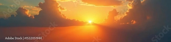 Obraz Golden sun rays pierce through gaps in sunset clouds, illuminating landscape , red, yellow