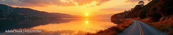 Obraz Golden sunset reflects on calm lake, road curves alongside , reflection, spring