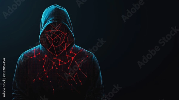 Obraz Hacker are planning to hack and attack networks and cyber security systems and stands on the peak of success amid tall, innovative Smart city and graphs with statistics to analyze business potential
