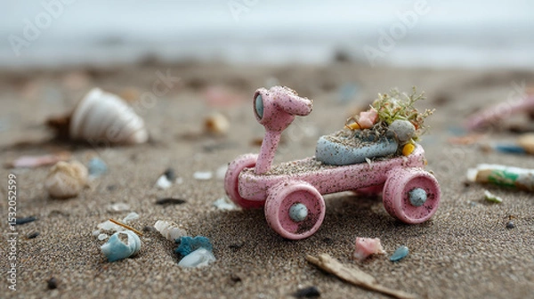 Obraz Microplastics concept ,Abandoned beach toy covered in microplastics, surrounded by shells and debris