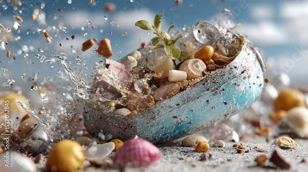 Obraz Microplastics concept ,food delivery container filled with various items and washed up beach, surrounded by microplastics
