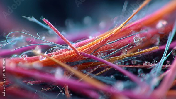 Obraz Microplastics concept ,Microplastic fibers under microscope, showcasing vibrant colors and intricate details, evoke curiosity