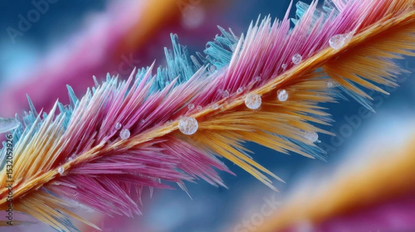 Obraz Microplastics concept ,Microplastic fiber under microscope, showcasing vibrant colors and water droplets