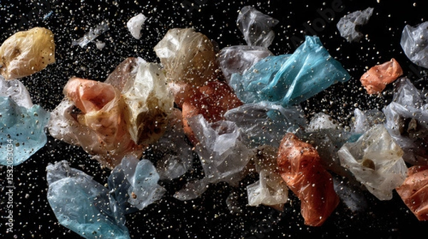 Obraz Microplastics concept ,Disintegrating plastic bags creating microplastics, showcasing environmental impact and pollution
