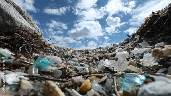 Obraz Microplastics concept ,beach covered plastic debris and glass fragments, with clear blue sky above, evokes sense
