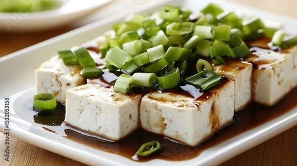 Fototapeta Preparing Tofu with Green Onions and Sauce on a Plate
