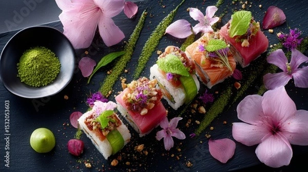 Obraz Artistic sushi rolls with pink flowers and green garnishes on dark slate